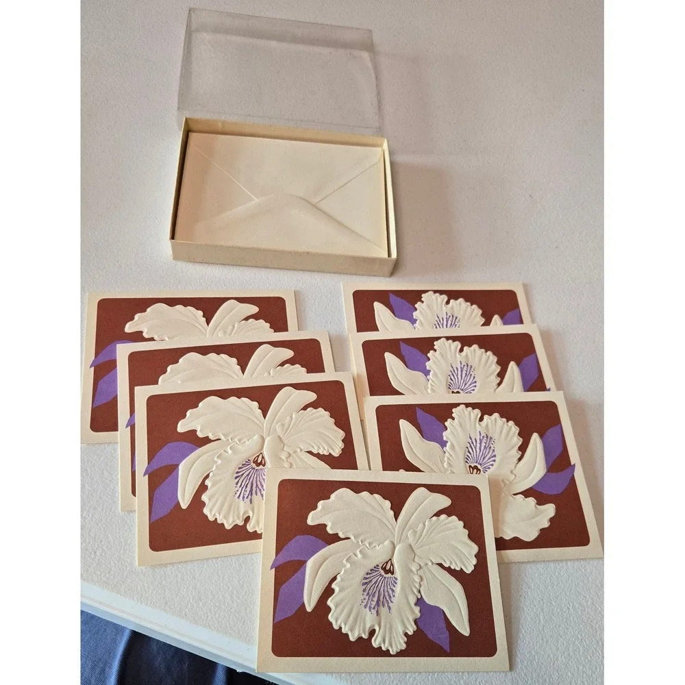 Vintage 1983 Current Sculptured Orchid Notes Embossed Cards Boxed Set 7